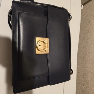 Dark Blue Leather Bag with Gold Clasp